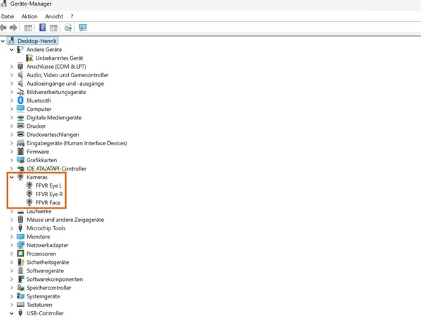 Device Manager showing three camera devices, confirming a successful installation