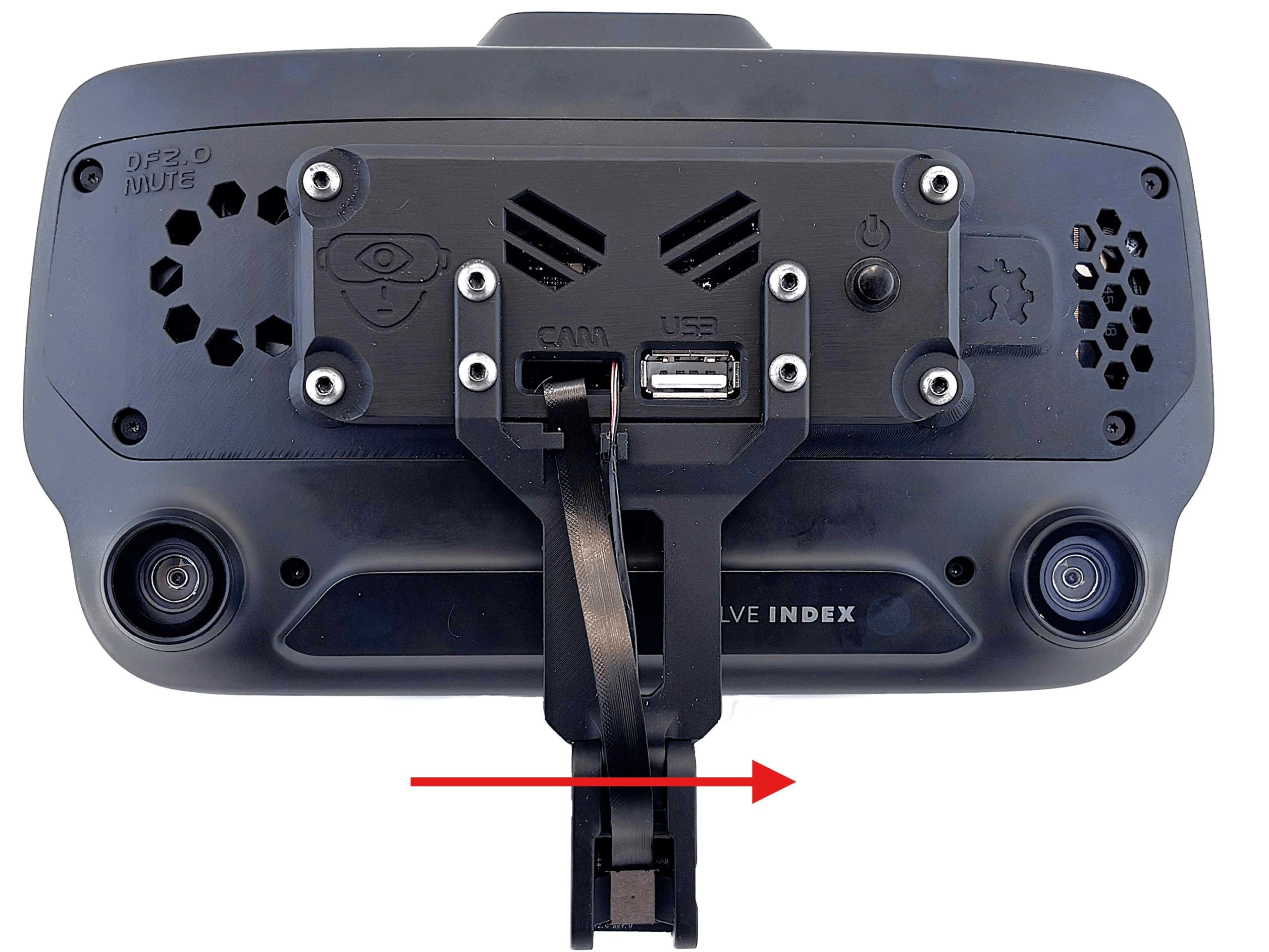 The Index seen from the front, with a red arrow showing the long screw going in from the left, through the face module, and into the nut on the right