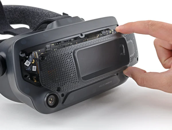 Motherboard cover removed, inside of the headset visible
