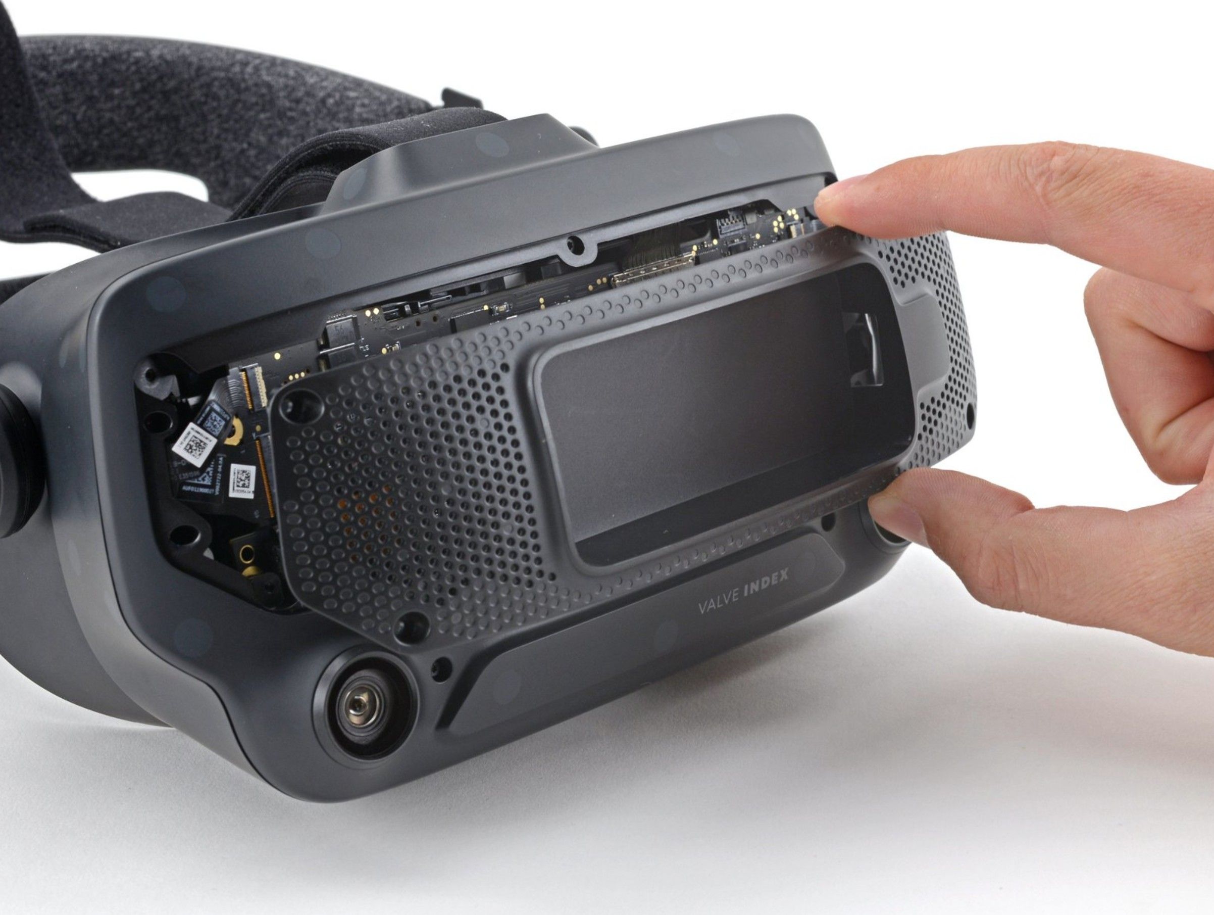 Motherboard cover removed, inside of the headset visible