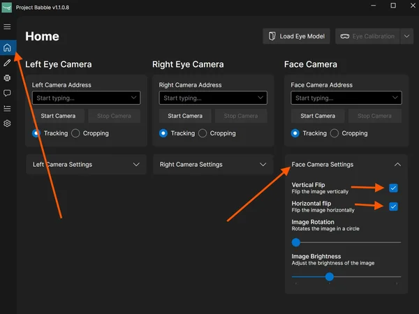 Face Camera Settings with the flip options turned on