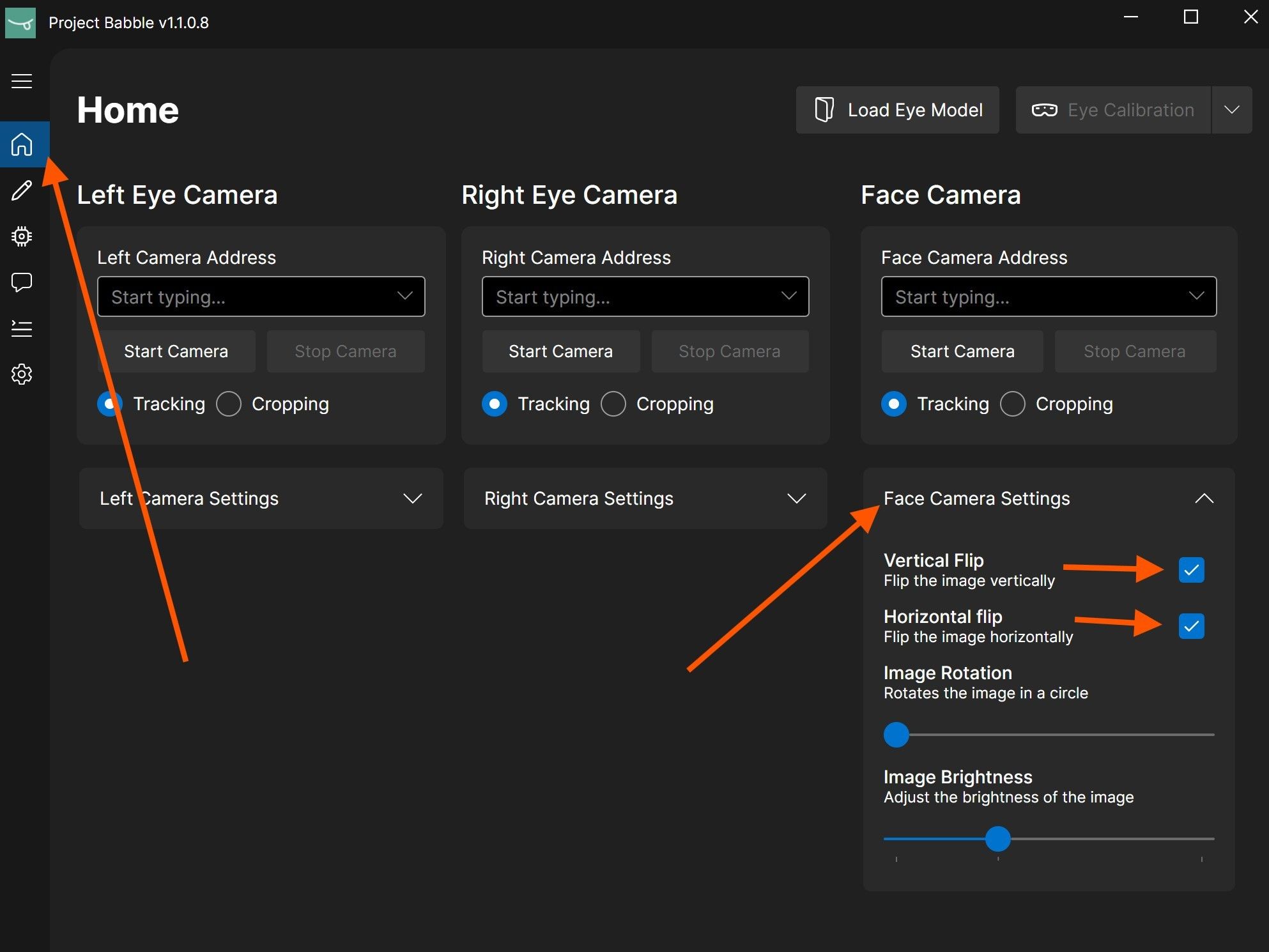 Face Camera Settings with the flip options turned on