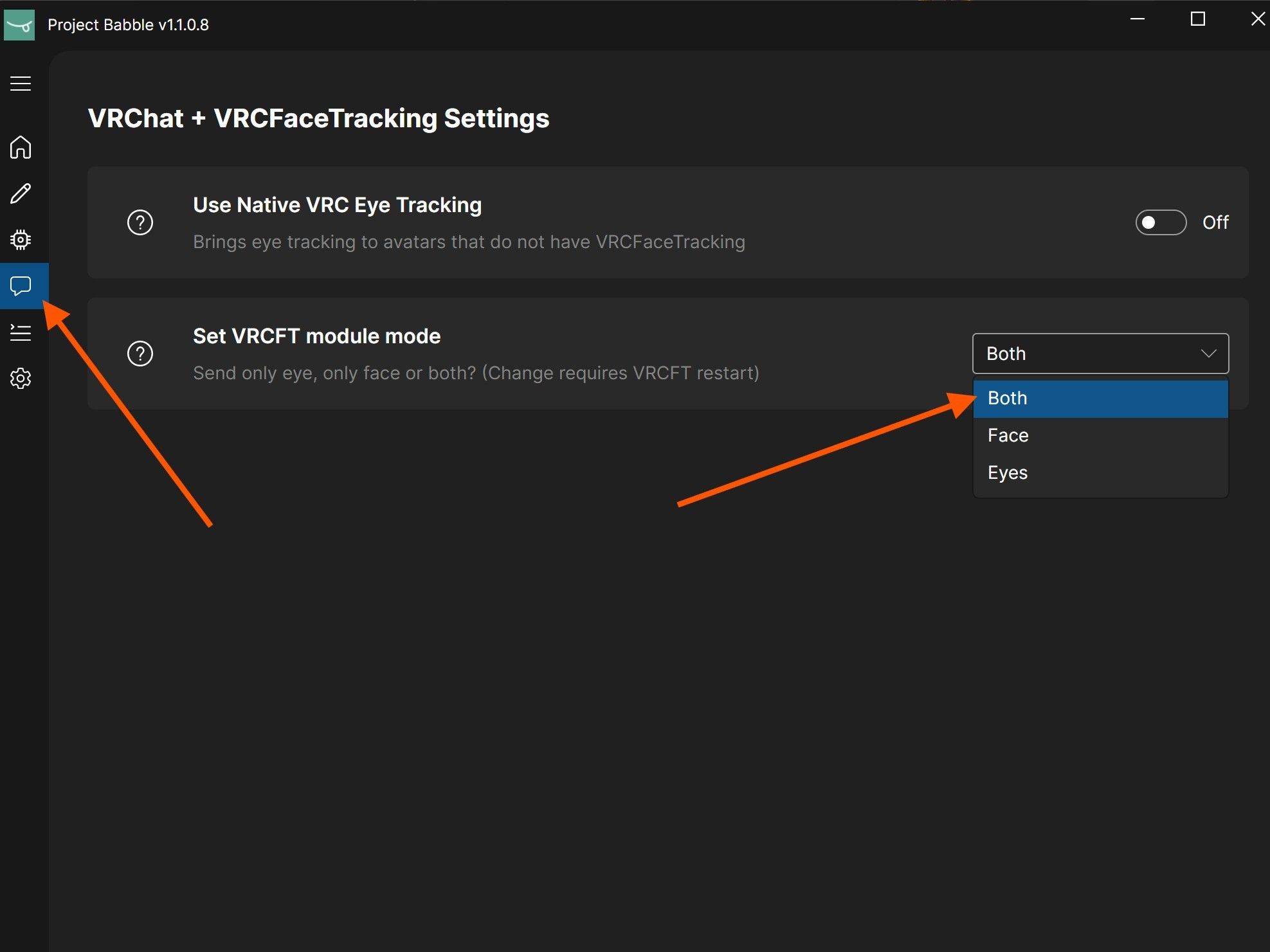 VRChat + VRCFaceTracking communication settings with the VRCFT module mode set to Both
