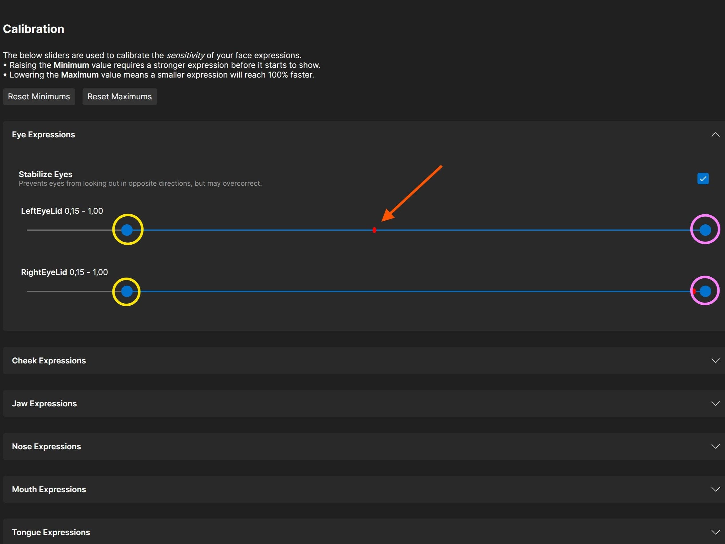 Parameter sliders with minimum (yellow) and maximum (pink) controls